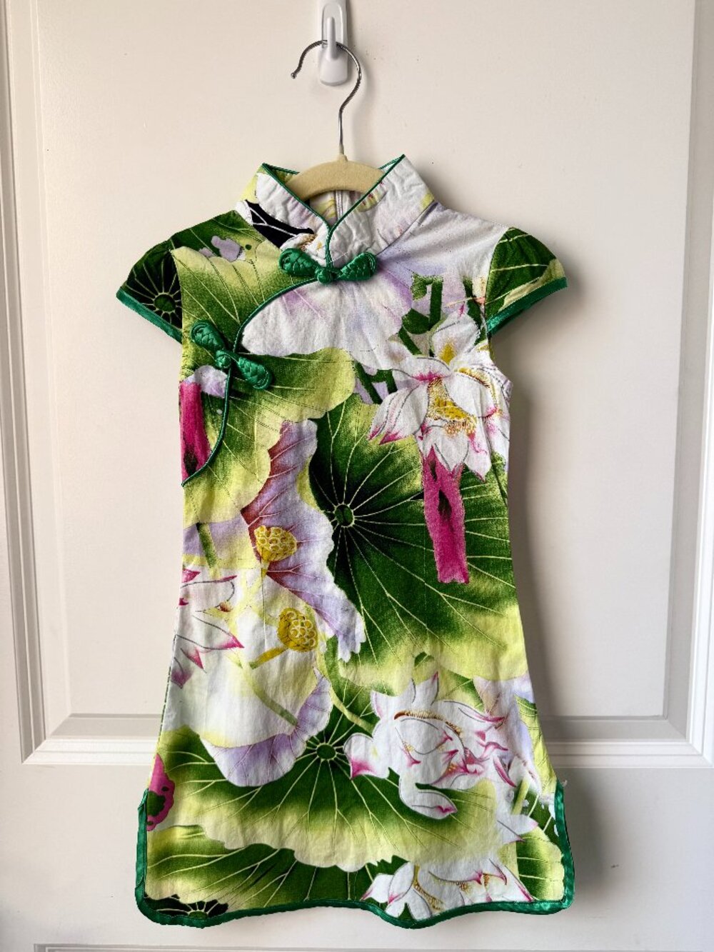 Girls Chinese Qipao/Cheongsam Dress – Lotus Floral Print, Green Trim